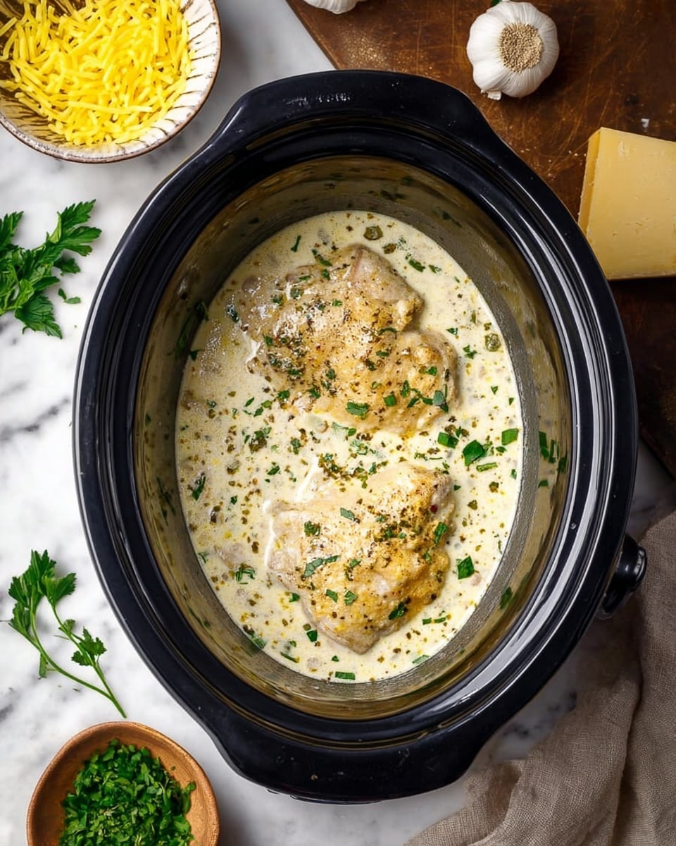 The image shows two pieces of cooked chicken lying in a black slow cooker filled with a creamy white sauce that has small green herb pieces scattered on top, and a few black pepper flakes visible. The creamy layer covers the bottom and surrounds the chicken evenly. Around the cooker, there are small bowls with chopped green herbs, shredded white cheese, and cooked yellow noodles in a white bowl on a white marbled surface, with a bulb of garlic and a piece of hard cheese nearby. A woman's hand is not visible in this image. The setting feels warm and homey. photo taken with an iphone --ar 4:5 --v 7