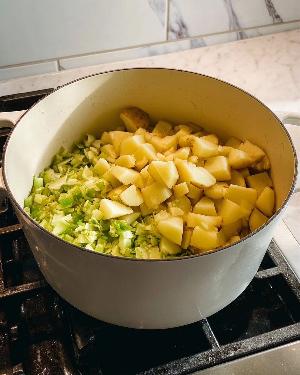A large white pot on a stove filled with two layers of ingredients: the bottom layer consists of small, light green chopped pieces with a soft texture, and the top layer is made of unevenly sized chopped potatoes with yellow skin and white flesh, piled loosely in the pot. The stove is black with metal sides and the background shows a white marbled countertop. photo taken with an iphone --ar 4:5 --v 7