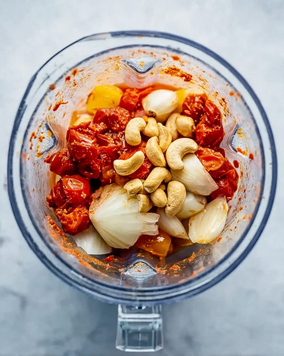 Inside a clear blender container, there are three main layers of ingredients. The bottom layer is a mix of soft roasted yellow and red cherry tomatoes with wrinkled skins. Above this is a layer of lighter, sliced onion pieces in white with a smooth texture. Scattered on top along with the onion are whole garlic cloves and a few cashew nuts, both light brown and textured. The clear blender has a white marbled surface underneath. Photo taken with an iphone --ar 4:5 --v 7