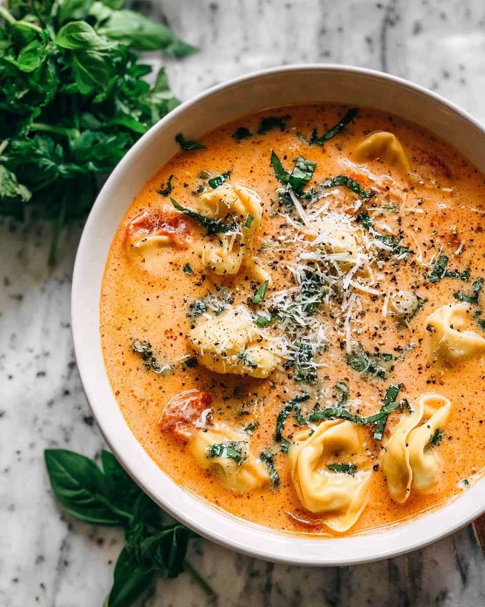 A white bowl filled with a creamy orange soup with visible tortellini pasta pieces floating on the surface, along with small chunks of green leafy herbs and bits of tomato. The soup is topped with shredded white cheese and sprinkled with ground black pepper. The bowl sits on a white marbled texture surface with fresh green herbs placed nearby. Photo taken with an iphone --ar 4:5 --v 7