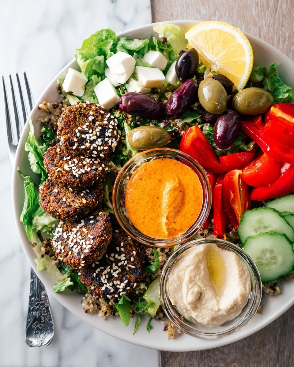 A white plate sits on a white marbled surface holding a colorful Mediterranean dish with several layers. On the bottom layer, there is a bed of leafy green lettuce. Scattered on the lettuce are black and green olives with sesame seeds sprinkled over them. White cubes of cheese are placed near a lemon wedge at the top of the plate. Around the plate, there are bright red small bell peppers, chunks of red cherry tomatoes, and slices of cucumber. On one side, there are four dark brown falafel patties stacked slightly, next to a small glass bowl filled with a thick orange sauce, and another small glass bowl with creamy white hummus at the bottom center. A silver fork rests on the left side of the plate. photo taken with an iphone --ar 4:5 --v 7