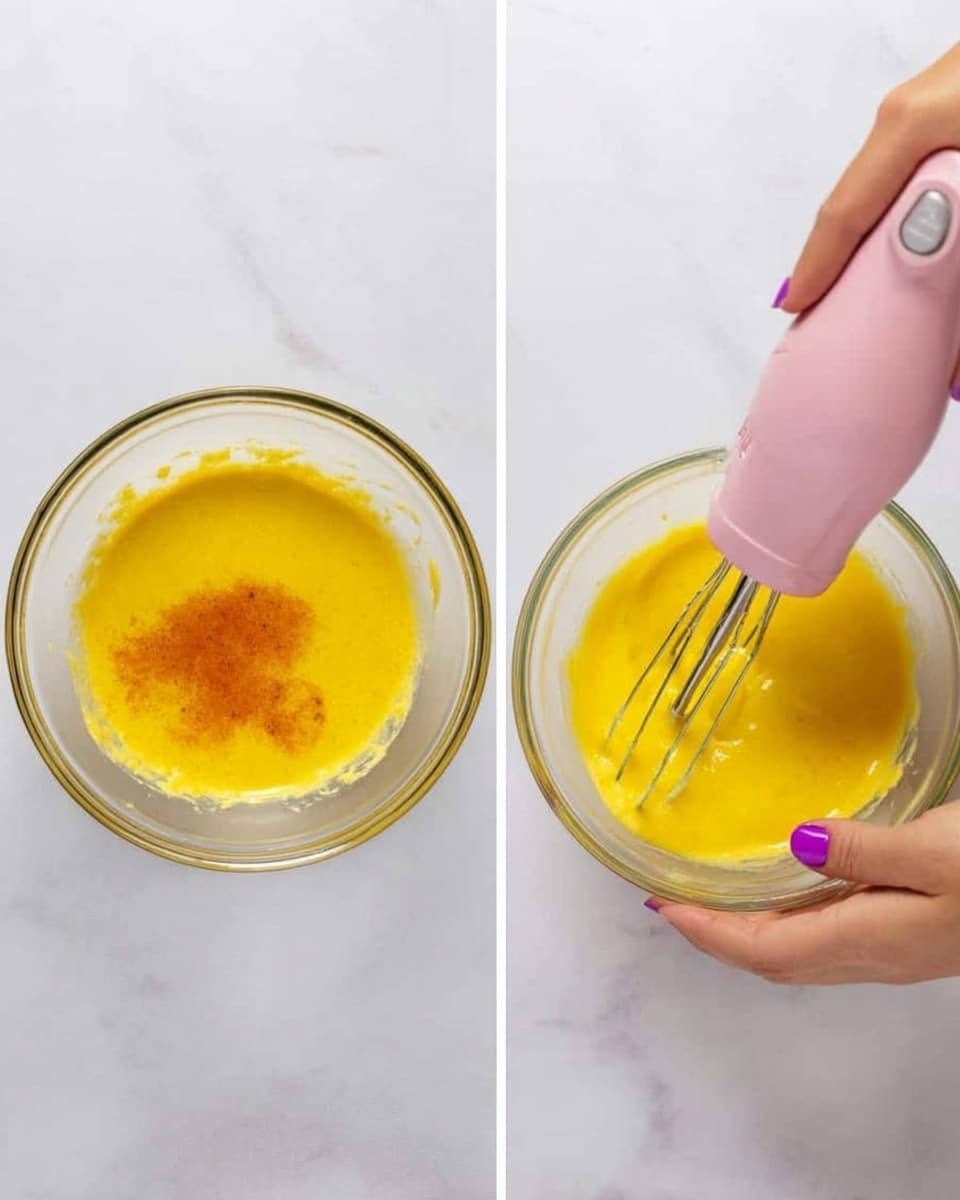 The image shows two side-by-side views of a glass bowl on a white marbled surface, each containing a thick yellow mixture. On the left, the bowl holds a bright yellow liquid with some drops of a darker brownish-orange liquid on top, creating a small pool in the center. On the right, a woman's hand with purple nail polish holds the glass bowl steady while another woman's hand operates a pink hand mixer, blending the yellow mixture into a smooth, creamy texture. Photo taken with an iphone --ar 4:5 --v 7