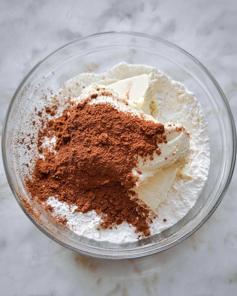 In a clear glass bowl on a white marbled surface, there is a mix of three layers: the bottom layer is a white fine powder spread unevenly, the middle layer is a block of creamy, smooth white substance, and the top layer is a pile of brown powder sprinkled heavily over the creamy block and some scattered around the bowl edges. photo taken with an iphone --ar 4:5 --v 7
