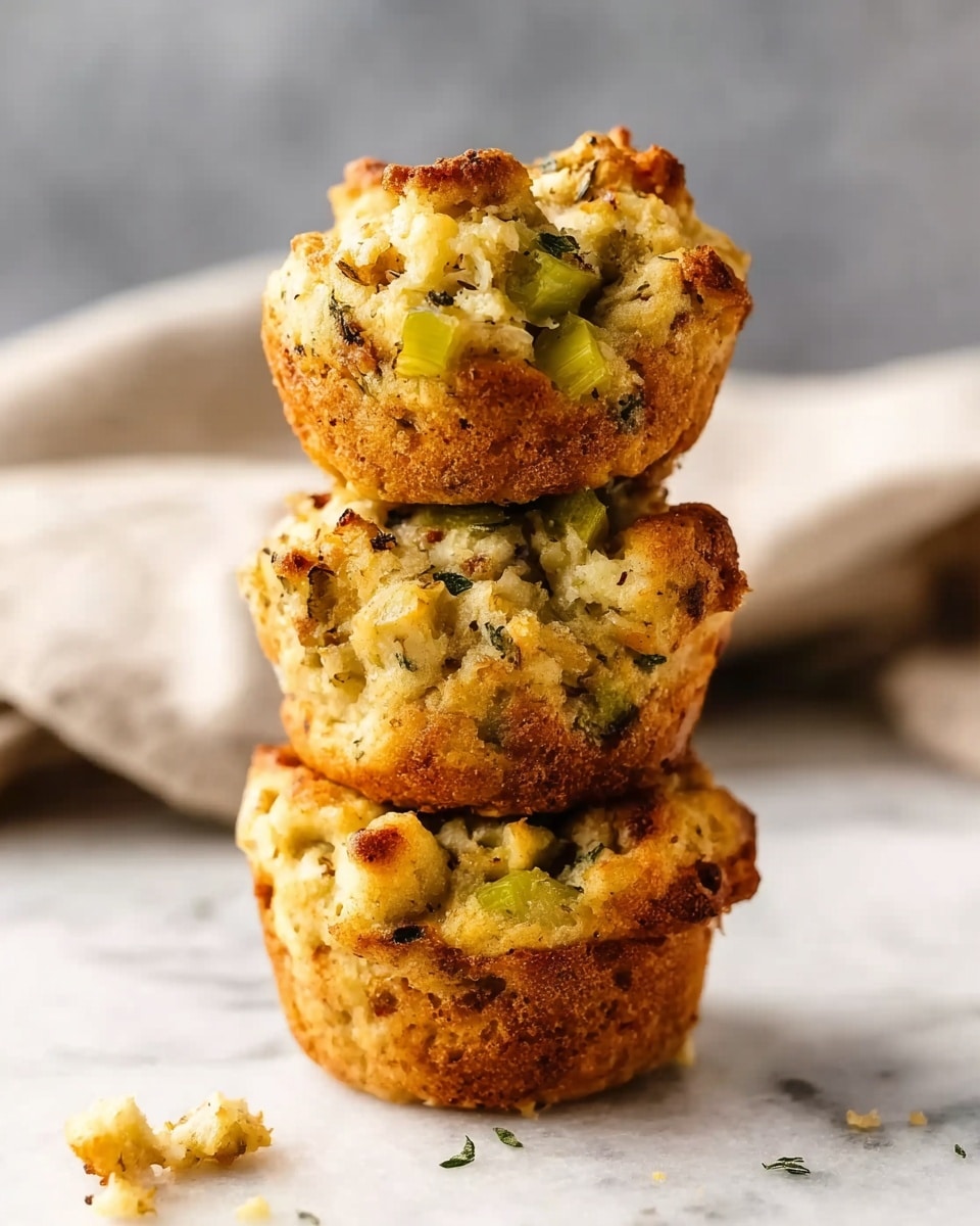 Three stacked golden-brown savory muffins stand on a white marbled surface. Each muffin shows visible pieces of mixed ingredients like green celery chunks and bits of herbs, giving a textured, slightly rough appearance with some crumbly edges. The muffins look moist inside but firm on the outside, with a few small crumbs scattered around the base. A soft beige cloth folds gently in the blurred background. Photo taken with an iphone --ar 4:5 --v 7