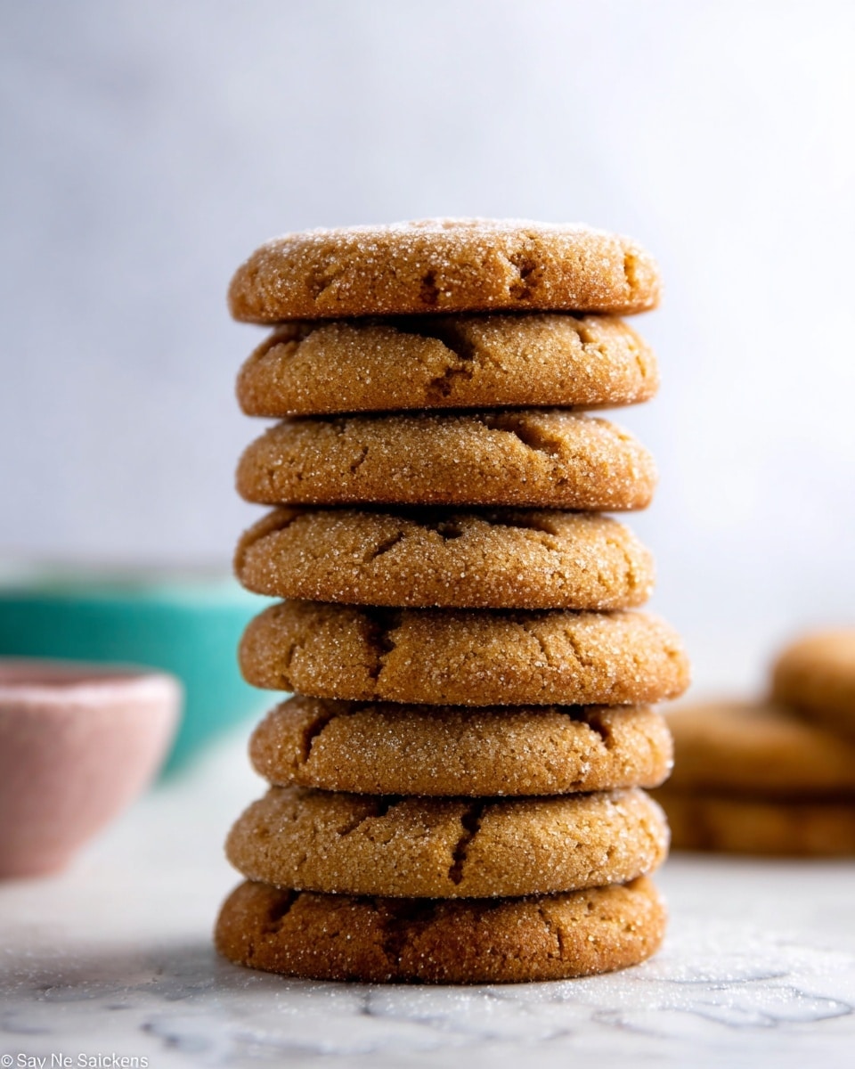 A tall stack of nine round cookies with a golden brown color and a slightly cracked texture is shown in the center. The cookies have a rough surface look and appear soft and chewy. The stack is placed on a white marbled surface with a blurred light background featuring soft pastel-colored bowls on the left side. The top cookie is lightly dusted with a white powder, possibly sugar. photo taken with an iphone --ar 4:5 --v 7