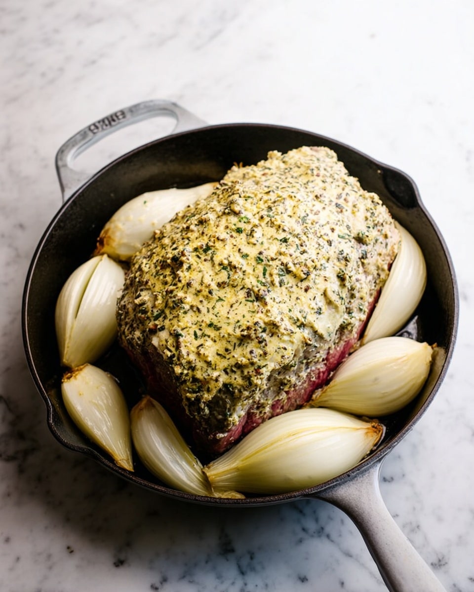 The image shows a large piece of meat covered with a thick layer of yellowish herb butter, speckled with green and black herbs. The meat is placed in the center of a white cast iron pan, surrounded by several large, pale yellow onion wedges arranged in a circle around it. The pan is set on a white marbled surface with soft lighting. photo taken with an iphone --ar 4:5 --v 7