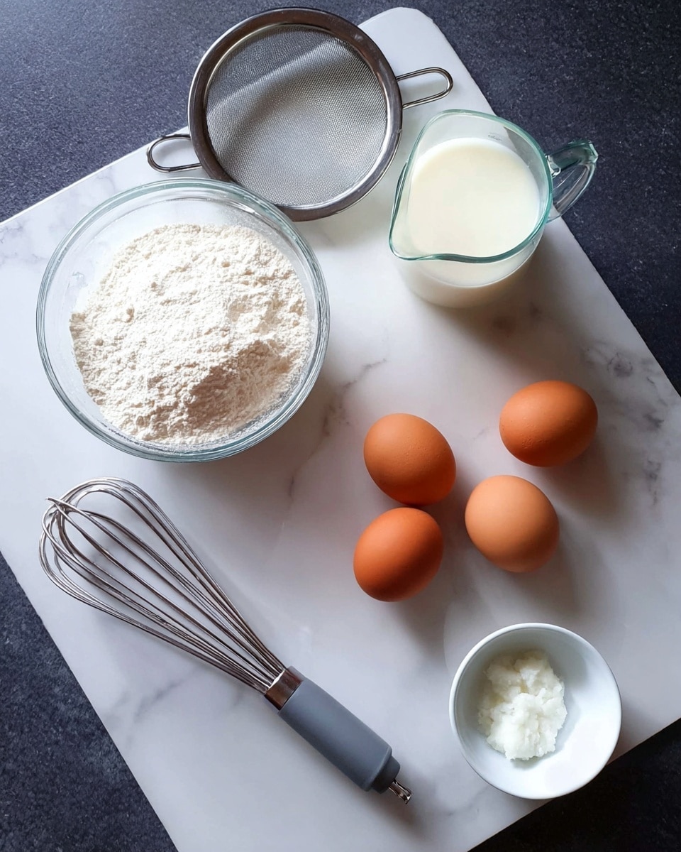 The image shows a kitchen scene with cooking ingredients arranged neatly on a white marbled surface. At the top left, there is a clear glass bowl filled with white flour, and a sieve is placed above the bowl. Nearby to the right, there is a clear measuring cup half-filled with white milk. In the middle of the surface, four brown eggs are grouped together. At the bottom left, a metal whisk with a gray handle lies flat. To the right of the eggs, a small white bowl with some white ingredient inside is placed. The overall setup looks clean and ready for baking or cooking, photo taken with an iphone --ar 4:5 --v 7