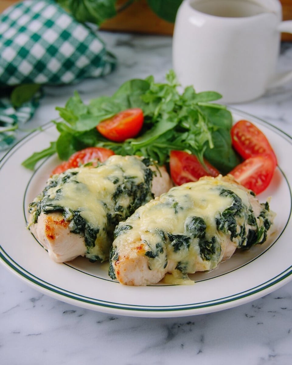 The image shows two pieces of cooked chicken topped with a layer of melted cheese and chopped spinach, giving a green and light yellow textured topping. The chicken pieces are pale pink and white, placed side by side on a white plate with a thin green rim. On the right side of the plate, there is a fresh salad made of bright green spinach leaves, green arugula, and halved small red tomatoes. The plate is on a white marbled surface, with a white cup and a green and white checkered cloth in the background. Photo taken with an iphone --ar 4:5 --v 7