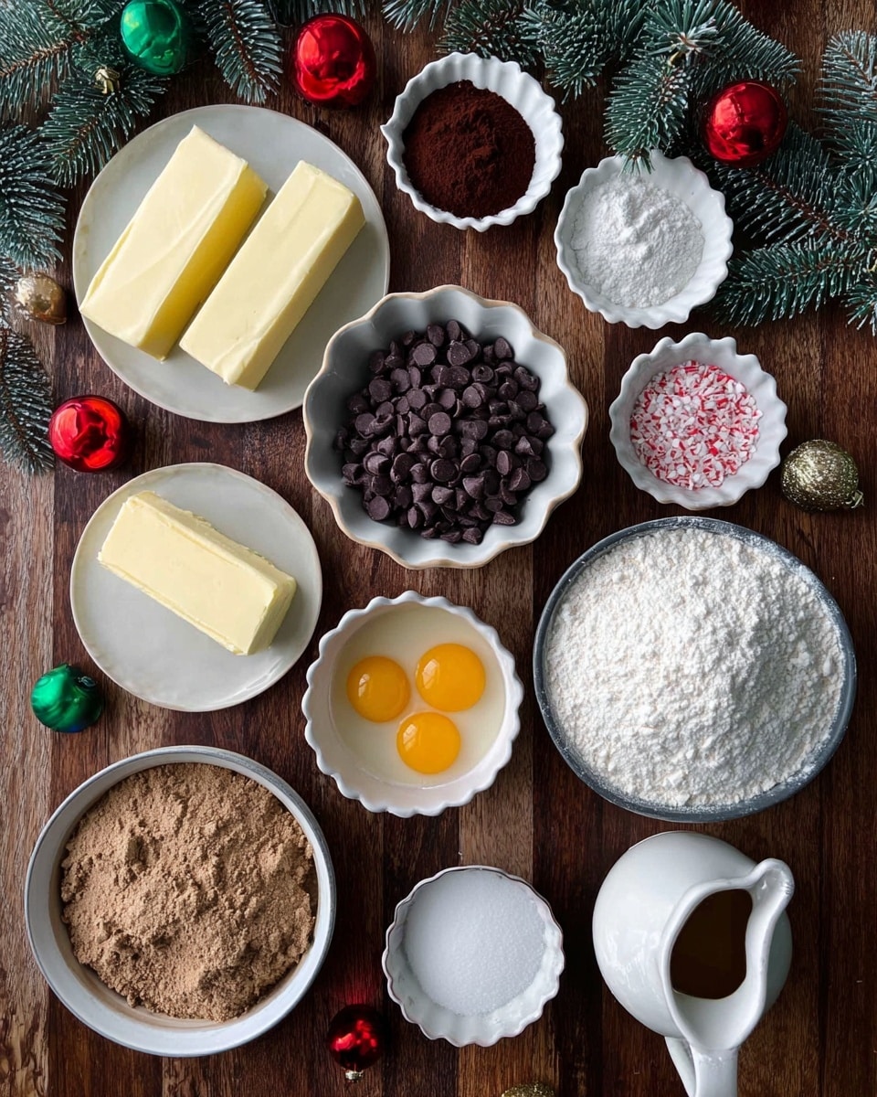 The image shows an overhead view of baking ingredients arranged neatly on a wood table. There are three thick blocks of pale yellow butter on a small white plate at the top left. Above the butter, a small white bowl holds dark brown cocoa powder. In the center, a white scallop bowl is filled with dark brown chocolate chips. To the right of that, a small white bowl has two bright yellow egg yolks. Below the yolks is a tiny white fluted bowl with white baking powder. At the bottom right, a large white bowl is filled with white flour, and next to it is a white pouring jug with a light brown liquid inside. At the bottom left, a white bowl contains light brown packed brown sugar. Around the bowls are small white and silver scallop dishes holding baking soda, sugar, and red-green-white sprinkles. Green pine branches and small red and gold Christmas ornaments frame the edges. Photo taken with an iphone --ar 4:5 --v 7