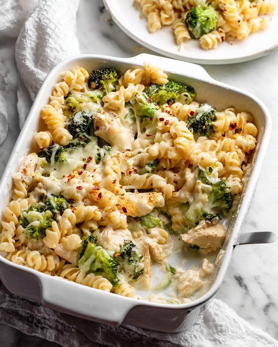 The image shows a white rectangular baking dish filled with creamy pasta. The pasta is curly and light beige, mixed with green broccoli florets and light brown pieces of cooked chicken. The dish is topped with melted white cheese and sprinkled with small red chili flakes. Some pasta and sauce have been scooped out, showing the creamy texture at the bottom. The dish sits on a white marbled surface with a white cloth partially underneath. In the background, there is a white round plate with more of the same pasta dish. photo taken with an iphone --ar 4:5 --v 7