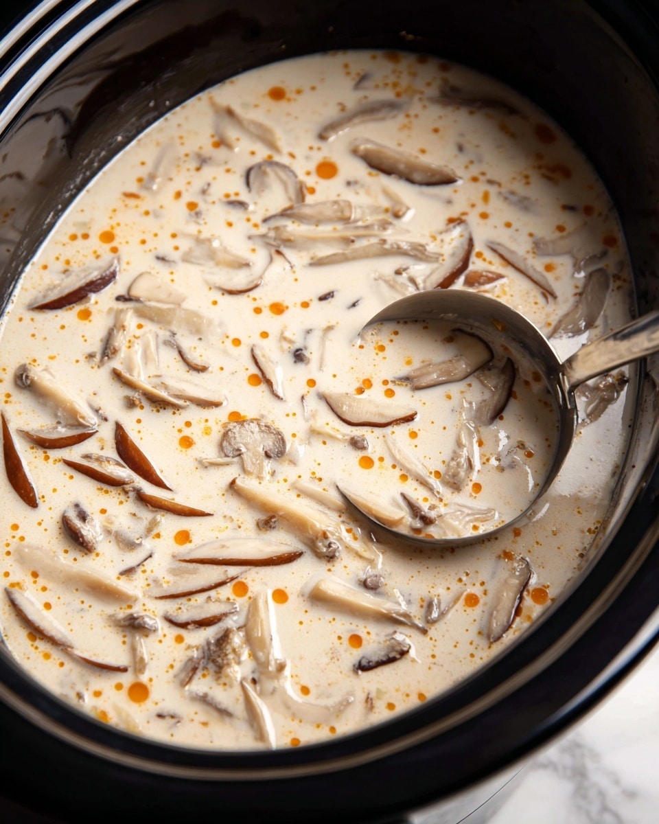 A close-up view inside a black slow cooker filled with a creamy white soup dotted with small orange spots, containing many light brown and white mushroom slices floating throughout the mixture. A shiny silver ladle is partly immersed on the right side, with the handle resting on the upper left edge of the cooker. The background has a white marbled texture. photo taken with an iphone --ar 4:5 --v 7