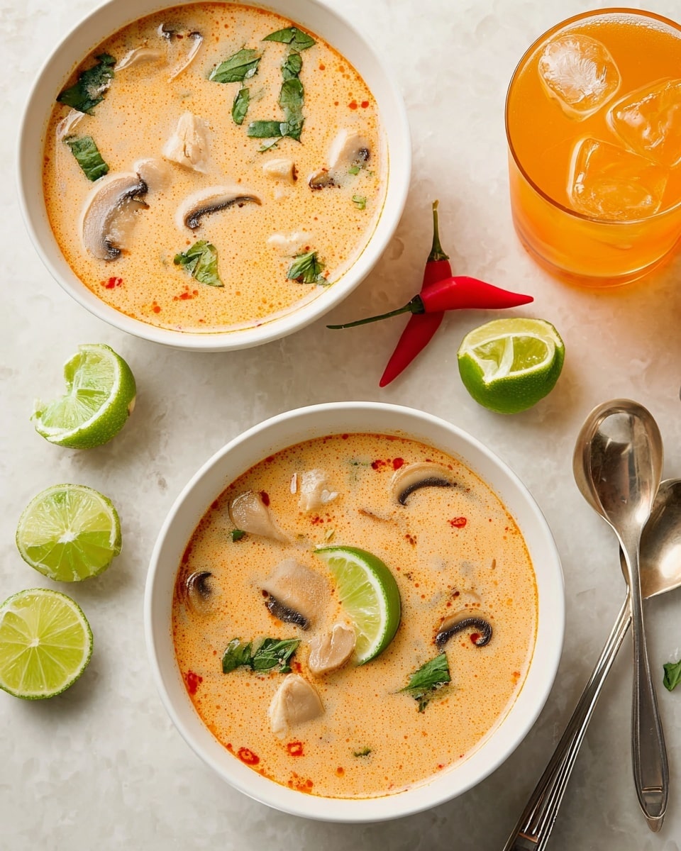 A white bowl filled with creamy light orange soup, dotted with small red specks. Inside the soup are visible slices of brown and white mushrooms, white chunks of chicken, and green leaves of cilantro. A bright green lime wedge rests on the surface near the edge of the bowl. The bowl is placed on a white marbled surface with lime wedges and two silver spoons nearby. Photo taken with an iphone --ar 4:5 --v 7
