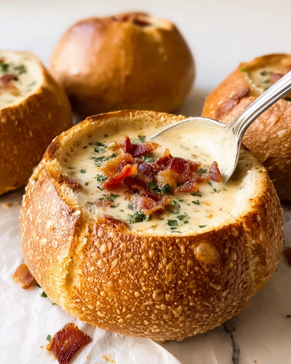 A close-up of a creamy soup served inside a hollowed-out brown bread bowl with a textured crust. The soup is light beige with visible green leafy pieces and small bits, overflowing slightly with a drip down the side of the bread. Surrounding the main bread bowl are several more whole brown bread bowls with their tops removed, showing the empty interiors. A silver spoon is held above the filled bread bowl, dripping the creamy soup. All items are on a white marbled surface with soft lighting, and the background is plain white. photo taken with an iphone --ar 4:5 --v 7