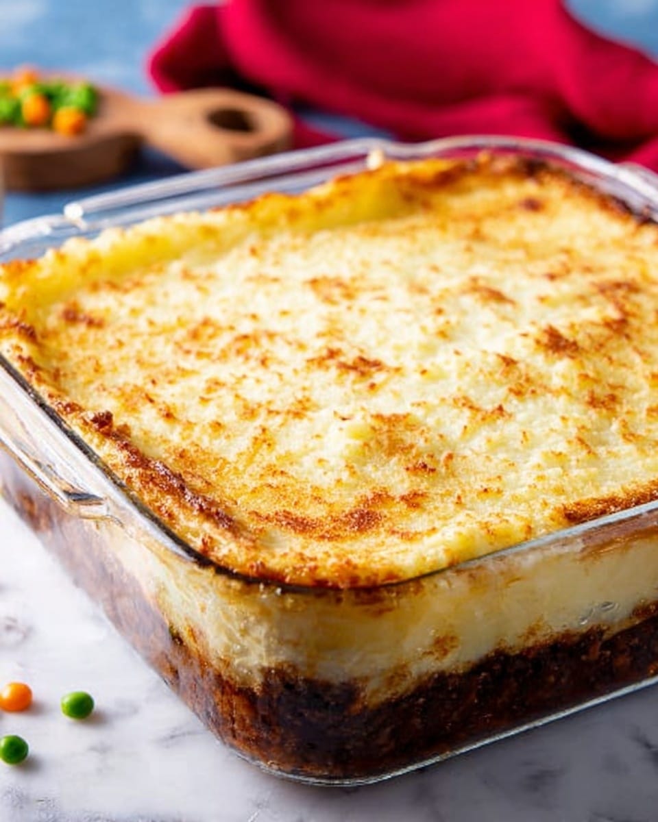 The image shows a clear glass square baking dish filled with a layered casserole on a white marbled surface. The bottom layer is dark brown, thick and meaty, while the top layer is thick mashed potatoes, light golden-brown with some browned crispy spots, and a slightly rough texture. The casserole fills the dish fully and the edges show some browning where the layers meet the glass. A red cloth is seen in the background along with some small green and orange peas nearby. Photo taken with an iphone --ar 4:5 --v 7