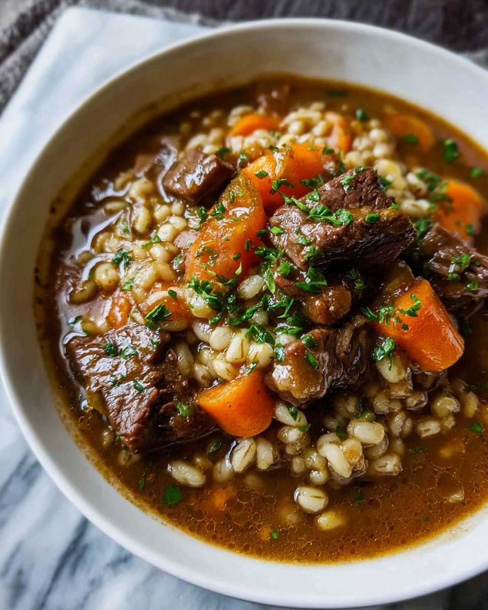 A white bowl filled with a thick stew consisting of several layers: at the bottom is a rich brown broth, on top are tender chunks of dark brown meat, soft orange carrot slices, and creamy white barley grains mixed throughout. The stew is garnished with small green herb bits scattered on top. The bowl sits on a white marbled surface. photo taken with an iphone --ar 4:5 --v 7