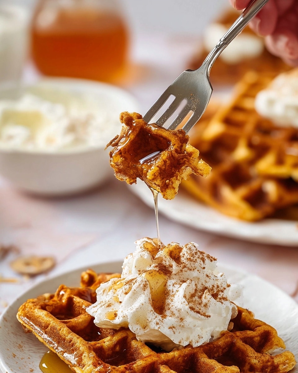 A close-up image of a piece of golden brown waffle held by a woman's hand with a silver fork, topped with a dollop of white cream and light brown cinnamon powder, with honey dripping over the waffle's textured surface. Below, a white plate holds more golden waffles with a generous swirl of white cream sprinkled with cinnamon and honey drizzled over them. The background is a soft white marbled surface with blurred elements like a white bowl of cream and a glass of amber liquid. photo taken with an iphone --ar 4:5 --v 7