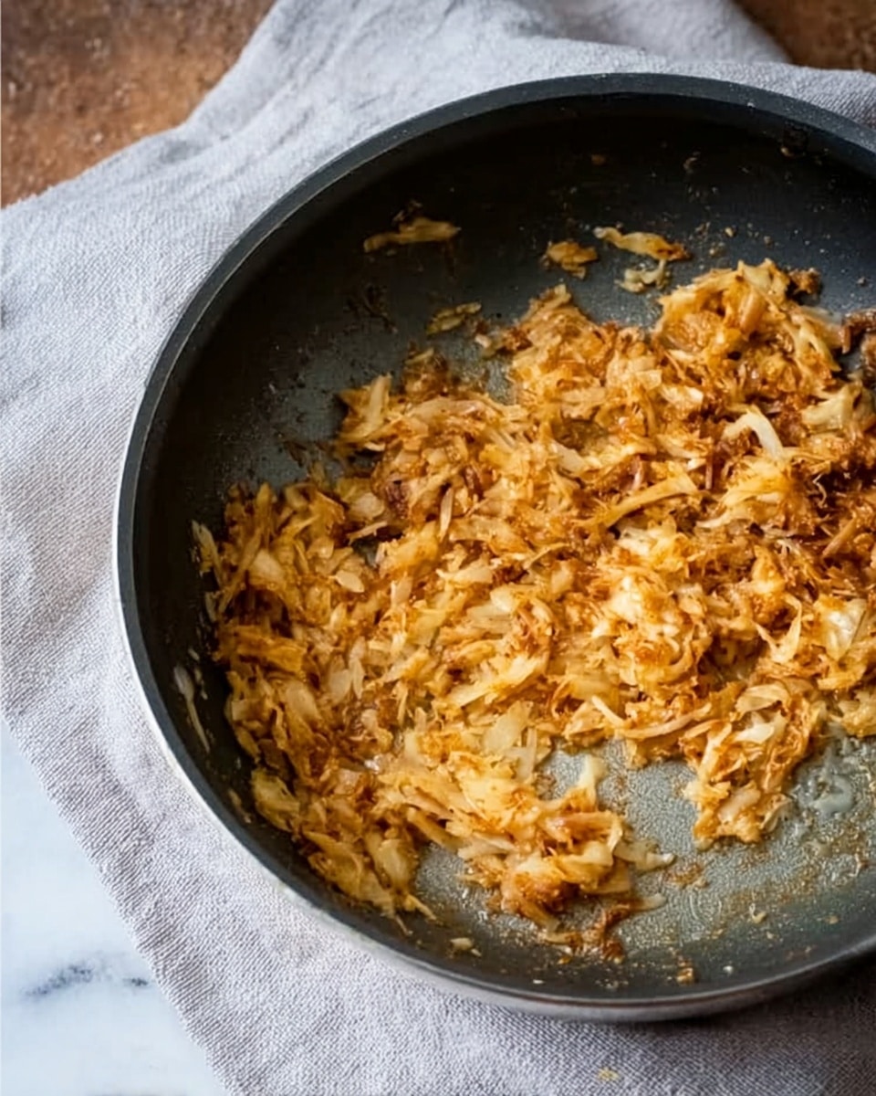 The image shows a close-up of a black pan with a light-coated inside holding a mix of golden brown, shredded cooked food with some darker browned bits evenly mixed in. The food looks soft and slightly crispy in places, spread over half the pan’s surface. The pan sits on a light gray cloth that rests on a white marbled surface. The scene has a warm, natural light giving the food a home-cooked, rustic look. Photo taken with an iphone --ar 4:5 --v 7