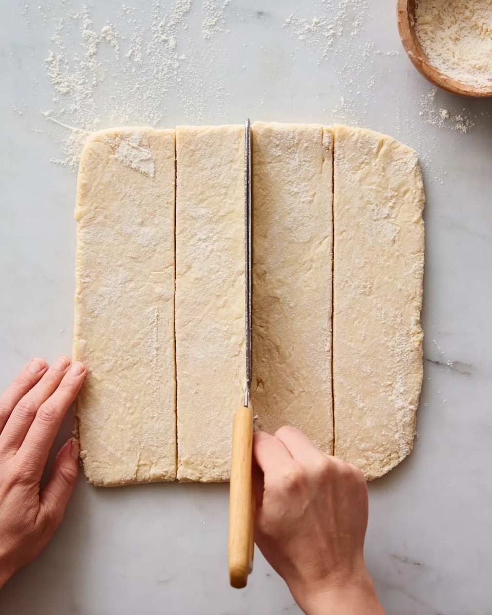 A rectangular piece of light beige dough is spread flat on a white marbled surface. The woman's left hand holds the edge steady on the bottom left corner, while the woman's right hand uses a dough cutter with a wooden handle to make a straight cut vertically down the dough, dividing it into long rectangular sections. There is some flour dust scattered lightly on the white marbled surface around the dough. The photo taken with an iphone --ar 4:5 --v 7