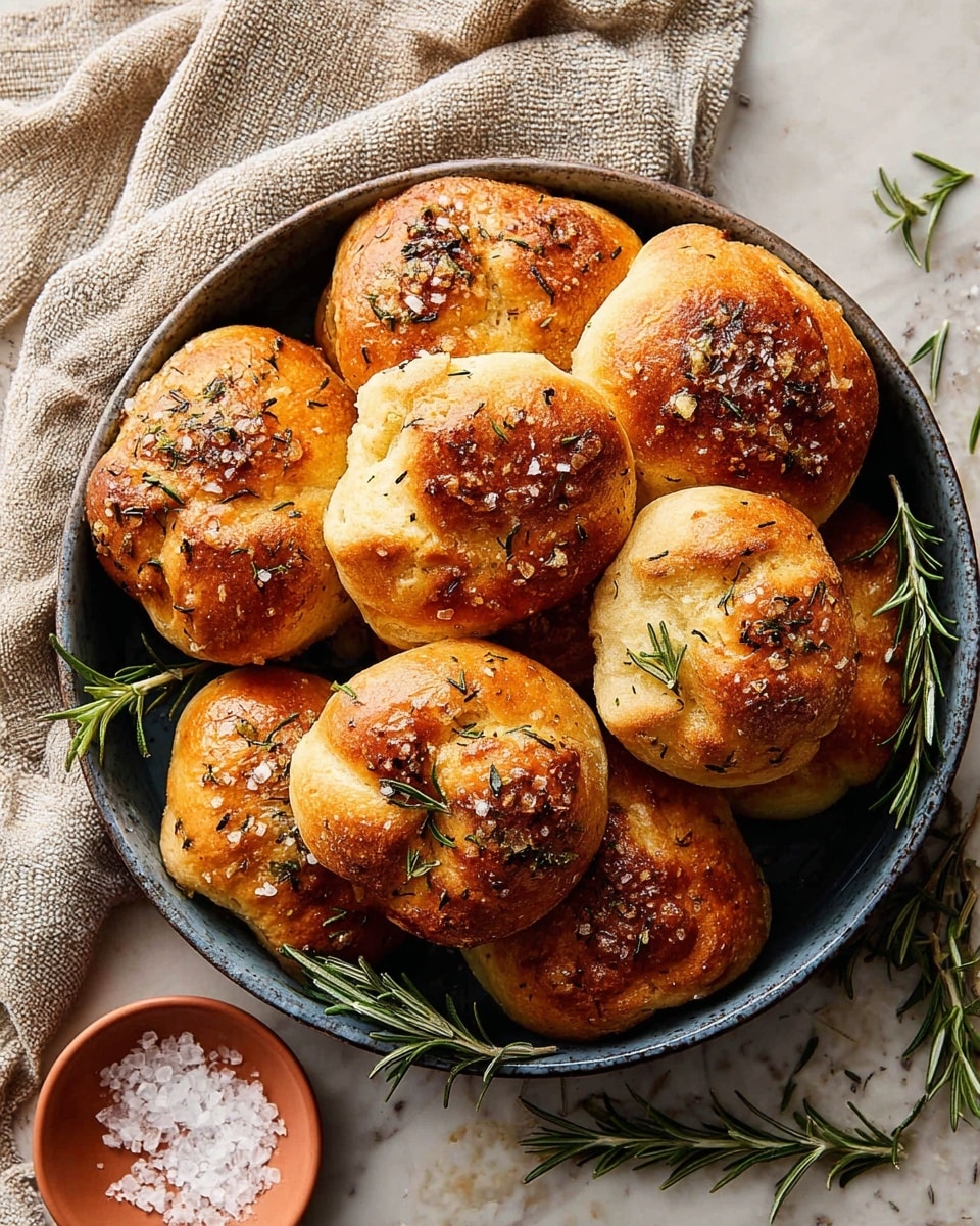 The image shows several golden brown dinner rolls with a textured, slightly cracked surface. Each roll has a rounded top with irregular folds and a crisp crust that shows a darker caramelized color around the edges. The surface of the rolls is sprinkled with coarse salt and small green herb flakes, likely rosemary, adding a fresh, aromatic look. One roll in the center features a small detailed sprig of rosemary on top, giving a touch of color and decoration to the warm, inviting bread. The rolls are close together, filling the frame, with a white marbled background softly blurred. photo taken with an iphone --ar 4:5 --v 7