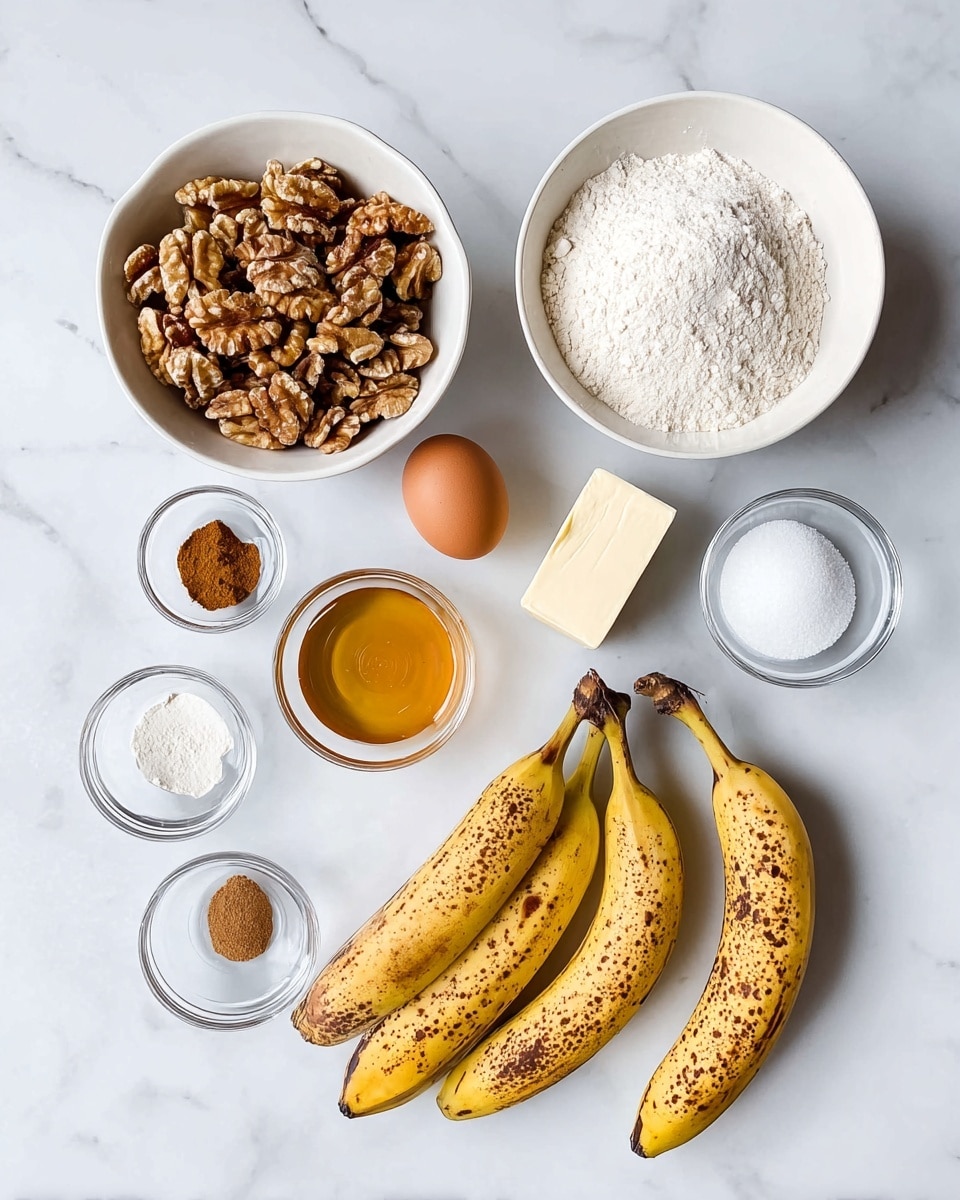 The image shows ingredients for baking placed neatly on a white marbled surface. There are three ripe bananas with brown spots arranged diagonally at the bottom right. Above them, a small rectangular piece of butter with packaging is placed next to a brown egg. To the left of the egg is a small glass bowl with clear honey or syrup. Above the honey, four small glass bowls contain powdered spices and baking ingredients: cinnamon, salt, baking soda, and baking powder. On the top left, a white bowl filled with walnut halves is placed. To the right of the walnuts, a larger white bowl contains white flour while another medium white bowl on the far right holds white sugar. Everything is well spaced and clearly visible. Photo taken with an iphone --ar 4:5 --v 7