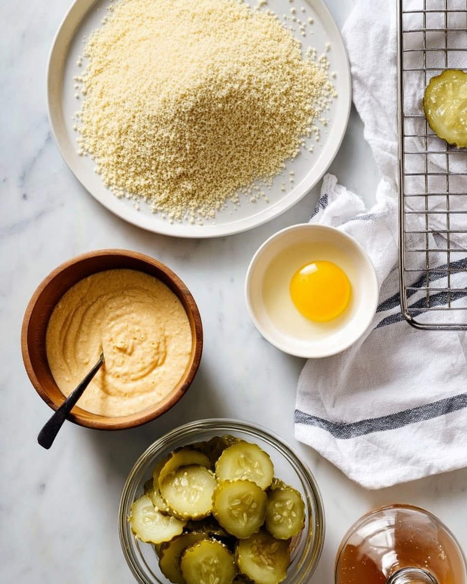 A white plate filled with a mound of light tan breadcrumbs sits on a white marbled surface. To the right, a small white bowl holds a raw egg with a bright yellow yolk in clear egg white. Below that, a wooden bowl contains a creamy orange sauce with visible small green bits, and a black spoon rests inside it. In front, a clear glass bowl is filled with round, crinkly green pickle slices. Part of a glass bottle with amber liquid is visible at the lower right corner, and a metal cooling rack is above the bowls. A white cloth with thin black stripes lies beneath the glass bowl. Photo taken with an iphone --ar 4:5 --v 7