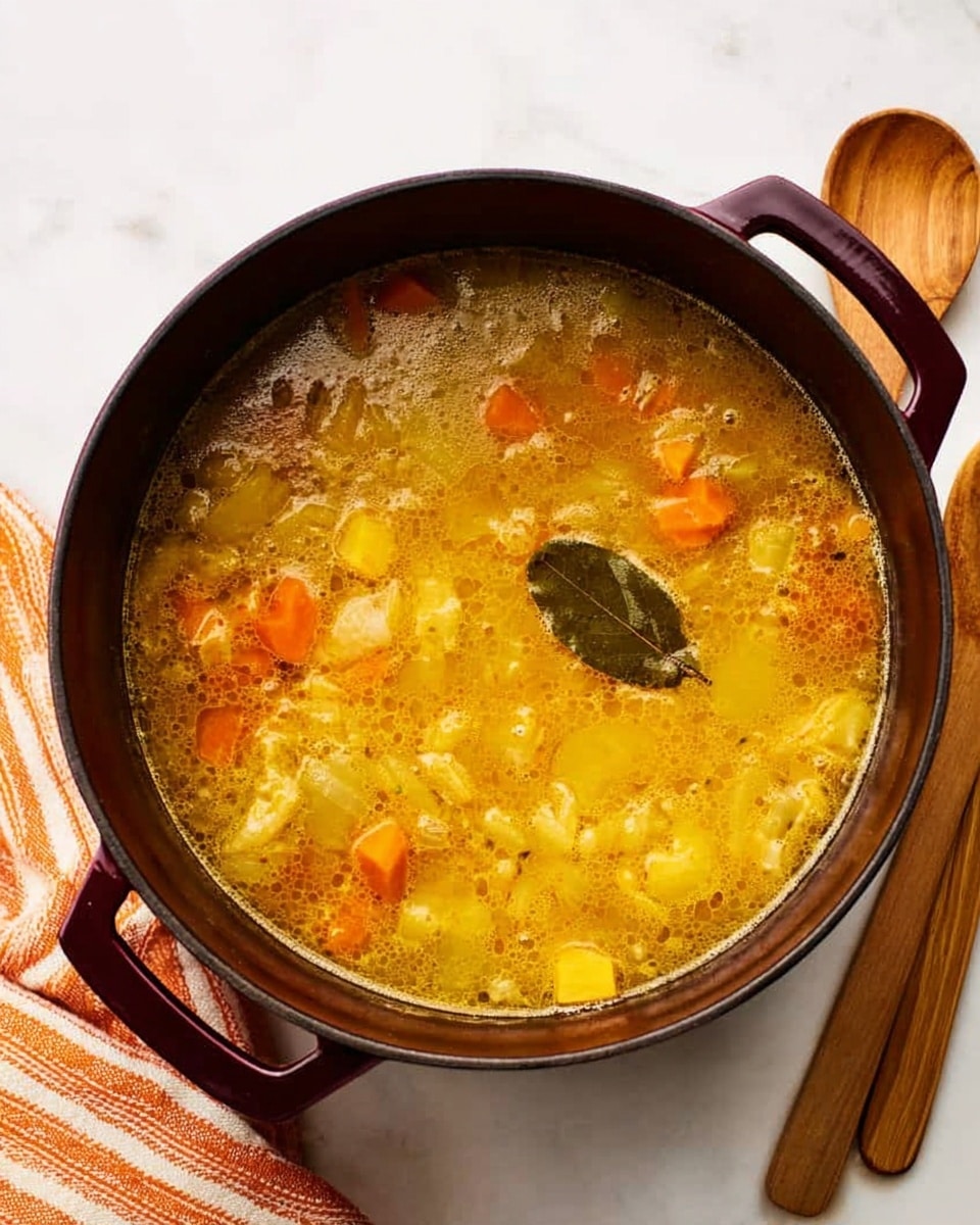 A large dark burgundy pot filled with a yellow-orange soup that has visible chunks of soft vegetables including orange carrots and pale yellow squash or potatoes. There is a bay leaf resting on the surface near the center. The soup has some foam bubbles around the edges, showing it is hot. The pot is set on a white marbled surface, next to an orange and white striped cloth and two wooden spoons. Photo taken with an iphone --ar 4:5 --v 7