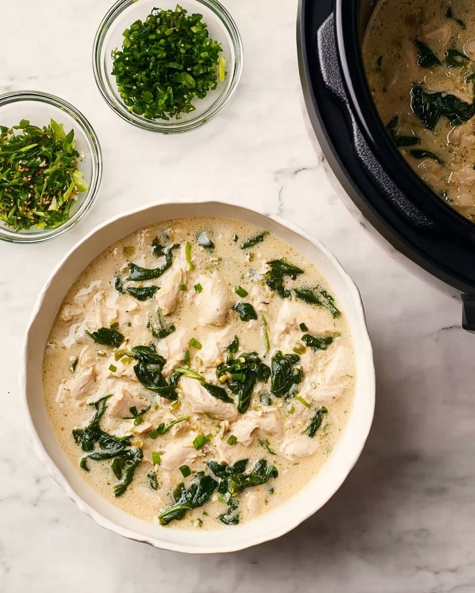 A white bowl filled with creamy chicken and spinach soup rests on a white marbled surface, the soup showing light beige creamy broth mixed with chunks of white chicken meat and vibrant dark green spinach leaves spread evenly throughout. Next to the bowl are two small clear glass containers, one filled with finely chopped bright green herbs and the other with finely chopped darker green herbs. On the upper right corner, there is a partial view of a black pot also filled with the same creamy soup containing similar textured ingredients. Photo taken with an iphone --ar 4:5 --v 7