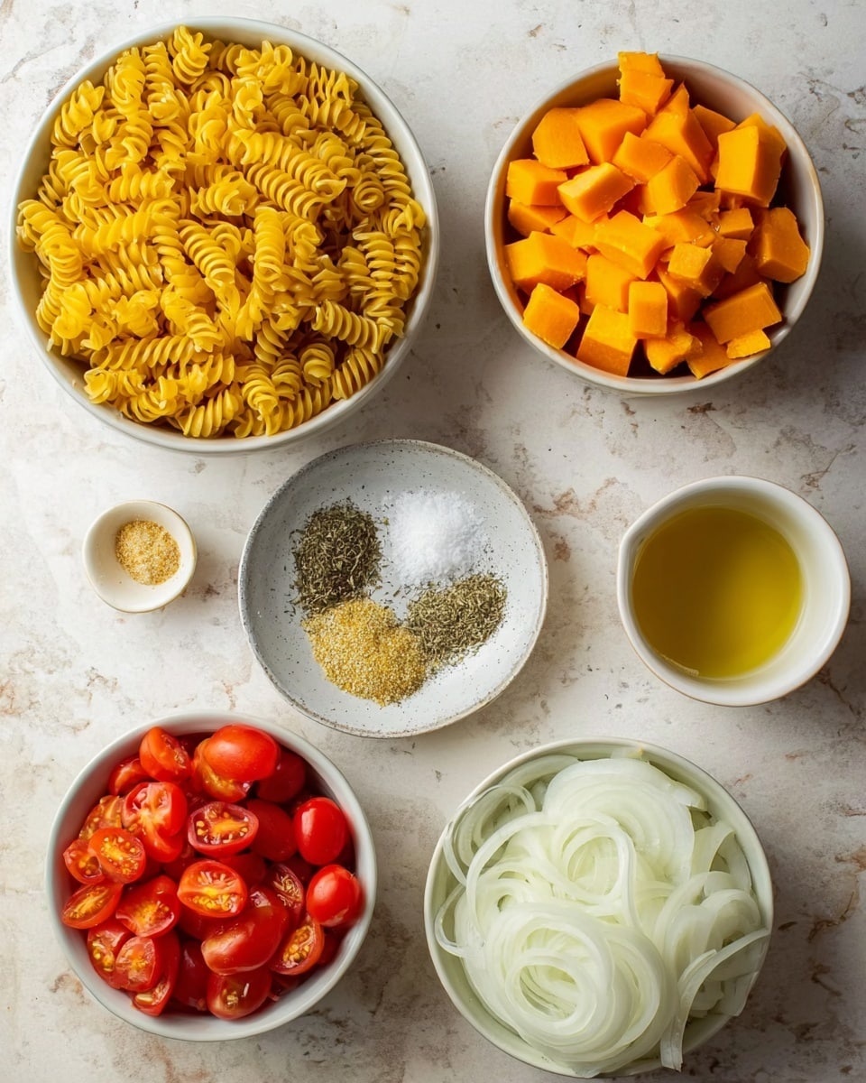 The image shows five white bowls and one small white cup arranged on a white marbled surface. The top left bowl is filled with yellow spiral pasta, dense and textured. To the right, a bowl holds small orange frozen cubes that look like diced butternut squash. In the center is a small shallow dish containing three piles of dried herbs and salt. Below to the left, a bowl contains bright red cherry tomatoes cut in halves. To the right of it, another bowl is filled with thinly sliced white onion rings. Near the center right is a small white cup with a little golden olive oil. photo taken with an iphone --ar 4:5 --v 7