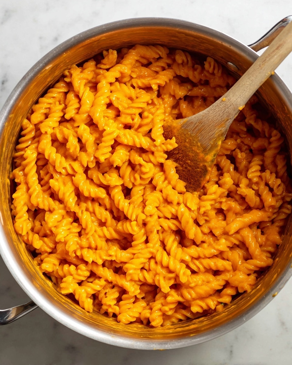 A large silver pot filled with twisted spiral pasta, all coated evenly in a thick, bright orange sauce giving the pasta a smooth and creamy look. A wooden spoon with a simple texture is placed inside the pot, mixing the pasta, showing some sauce stuck to it. The pot rests on a white marbled surface that adds a clean and bright background to the image. photo taken with an iphone --ar 4:5 --v 7