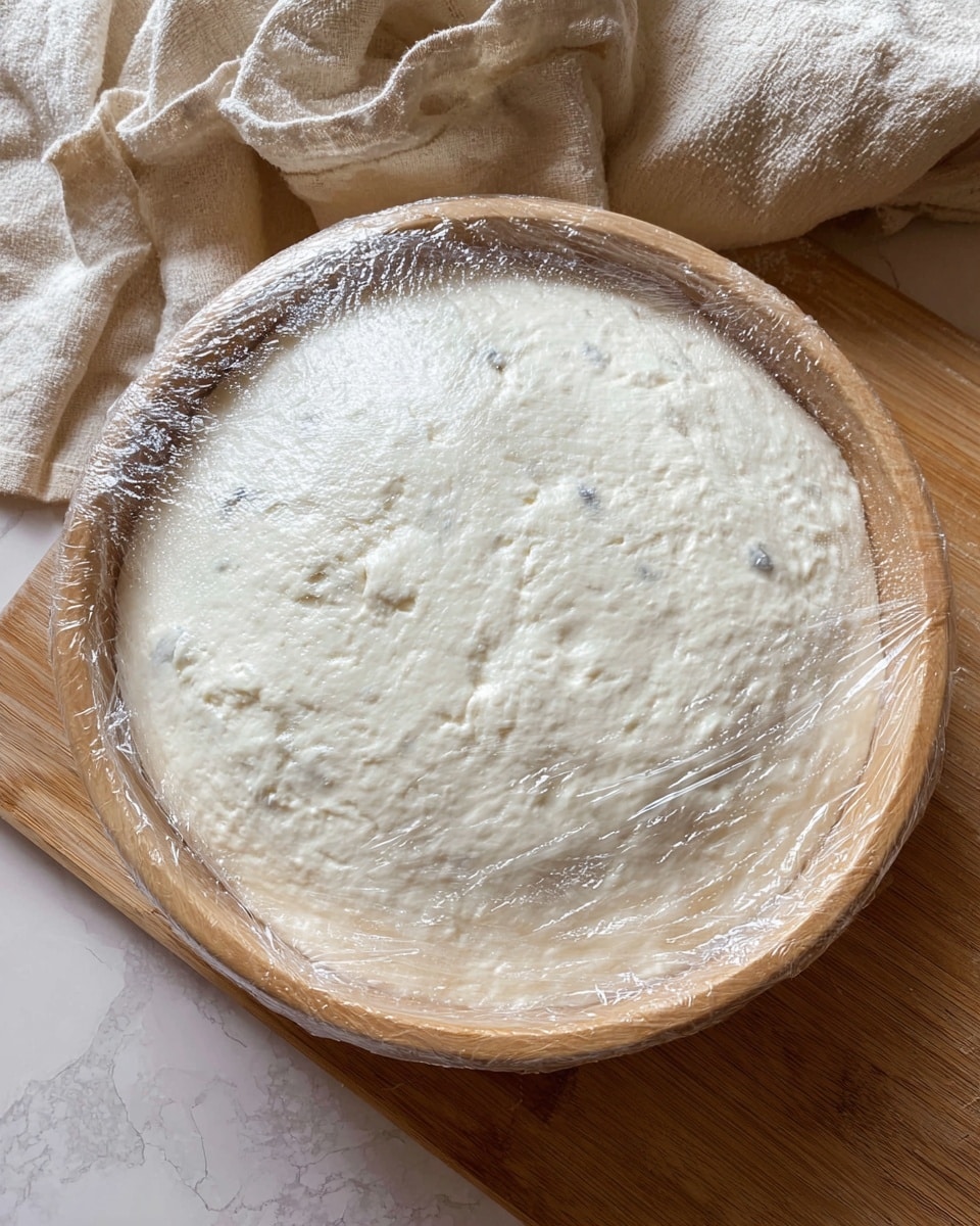 The image shows a round wooden bowl filled with a thick layer of white dough that has risen and expanded, covered tightly with clear plastic wrap. The dough surface has small bubbles and a few cracks, giving it a soft and slightly uneven texture. Around the bowl, there are beige and white cloths, and the bowl is placed on a wooden surface with a white marbled texture. Photo taken with an iphone --ar 4:5 --v 7