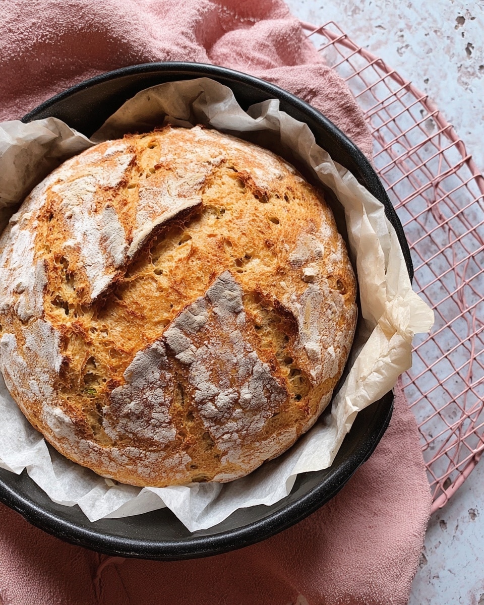 A round loaf of bread with a golden brown crust and a cracked top rests inside a black baking pan lined with crinkled white parchment paper. The bread's crust shows rough, textured patterns with a dusting of flour that highlights circular ridges and cracks, revealing a softer, lighter brown inside. The pan is placed on a white marbled textured surface with a pink grid cooling rack and a light pink cloth visible around the edges. photo taken with an iphone --ar 4:5 --v 7