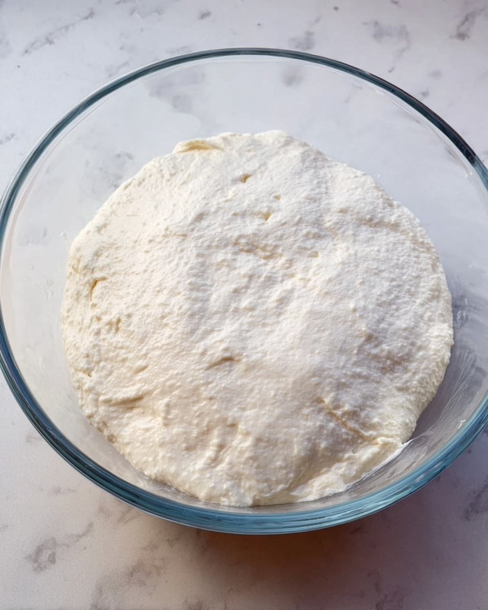 A clear glass bowl holds a single large layer of white dough that looks soft and puffy, with small air bubbles on the surface. The dough fills most of the bowl and has a smooth and slightly uneven texture. The bowl is placed on a white marbled surface, which adds a clean and bright background to the scene. Photo taken with an iphone --ar 4:5 --v 7