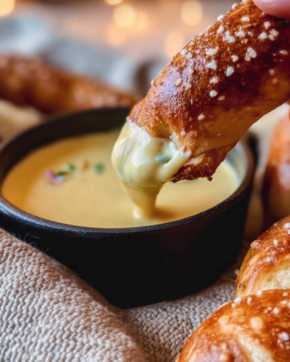A close-up image shows a woman's hand holding a golden brown soft pretzel stick with visible coarse salt crystals on top, dipping it into thick, creamy cheese sauce with a smooth texture and a light yellow color, served inside a small black bowl. Part of another soft pretzel is seen on the right side, resting next to the bowl on a textured woven mat surface that will be changed to white marble texture. The photo is warm and inviting with a clear focus on the dipping action. photo taken with an iphone --ar 4:5 --v 7