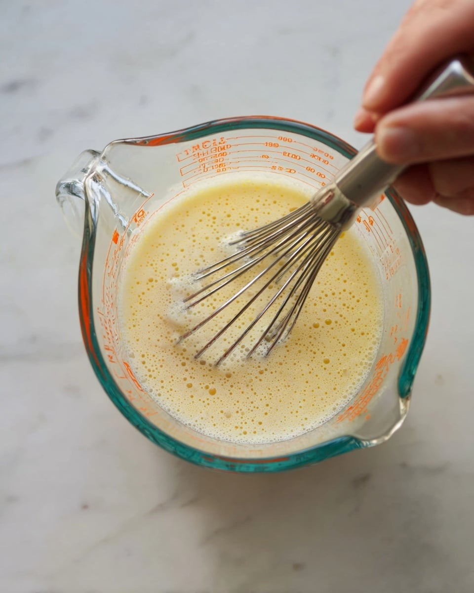 A clear glass measuring cup with orange markings is filled with a pale yellow, frothy liquid that has many small bubbles on the surface. A woman's hand is holding a metal whisk that is partially submerged, stirring the liquid inside the cup. The scene is set on a white marbled surface giving a clean and fresh look. photo taken with an iphone --ar 4:5 --v 7