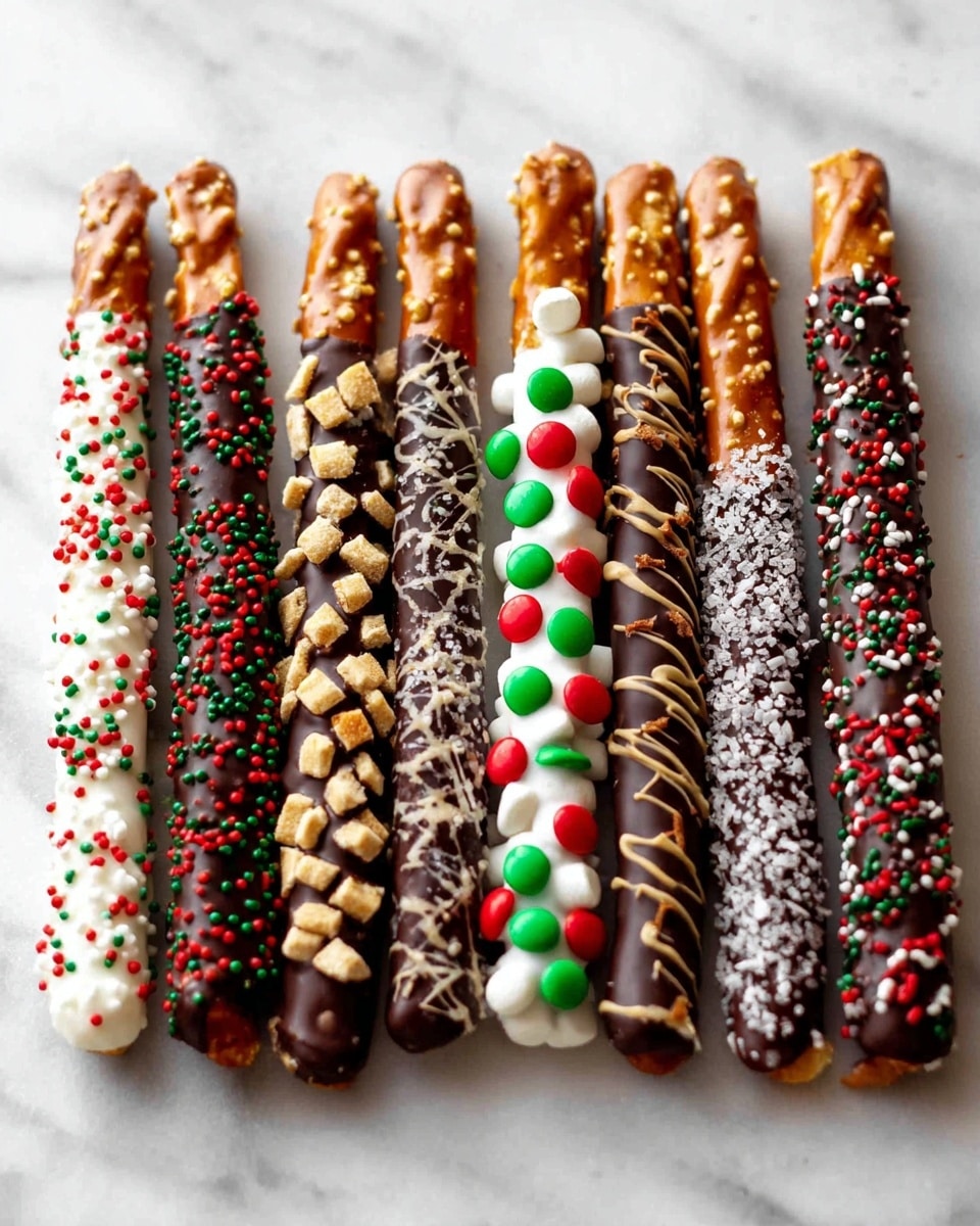 A row of ten pretzel sticks laid side by side on a white marbled surface; each pretzel is half coated with different layers and toppings. Starting from the left, the first pretzel has a white layer with red and green sprinkles, the second has a dark brown layer with small light brown pieces, the third is dark brown with tiny white marshmallows, the fourth is dark brown with wavy dark lines, the fifth has a white coating with tiny red and white chunks, the sixth is dark brown with red and green small pieces, the seventh is white with red and green round candies, the eighth is white with dark brown thin lines, the ninth has a white layer with small red and green sprinkles, and the last is dark brown with scattered red, green, and white confetti-like sprinkles, photo taken with an iphone --ar 4:5 --v 7