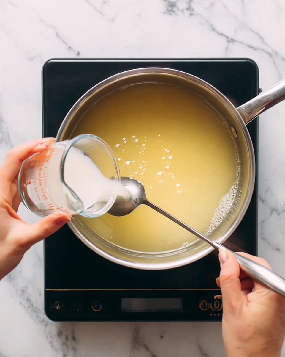 A close-up view of a stainless steel pot on a black electric stove, sitting on a white marbled surface. Inside the pot, a light yellow liquid is simmering, creating small bubbles. A woman's hand holds a clear glass measuring cup with white liquid, pouring it into the pot. Another woman's hand holds a metal ladle stirring the liquid inside. The scene feels warm and in the middle of cooking. photo taken with an iphone --ar 4:5 --v 7