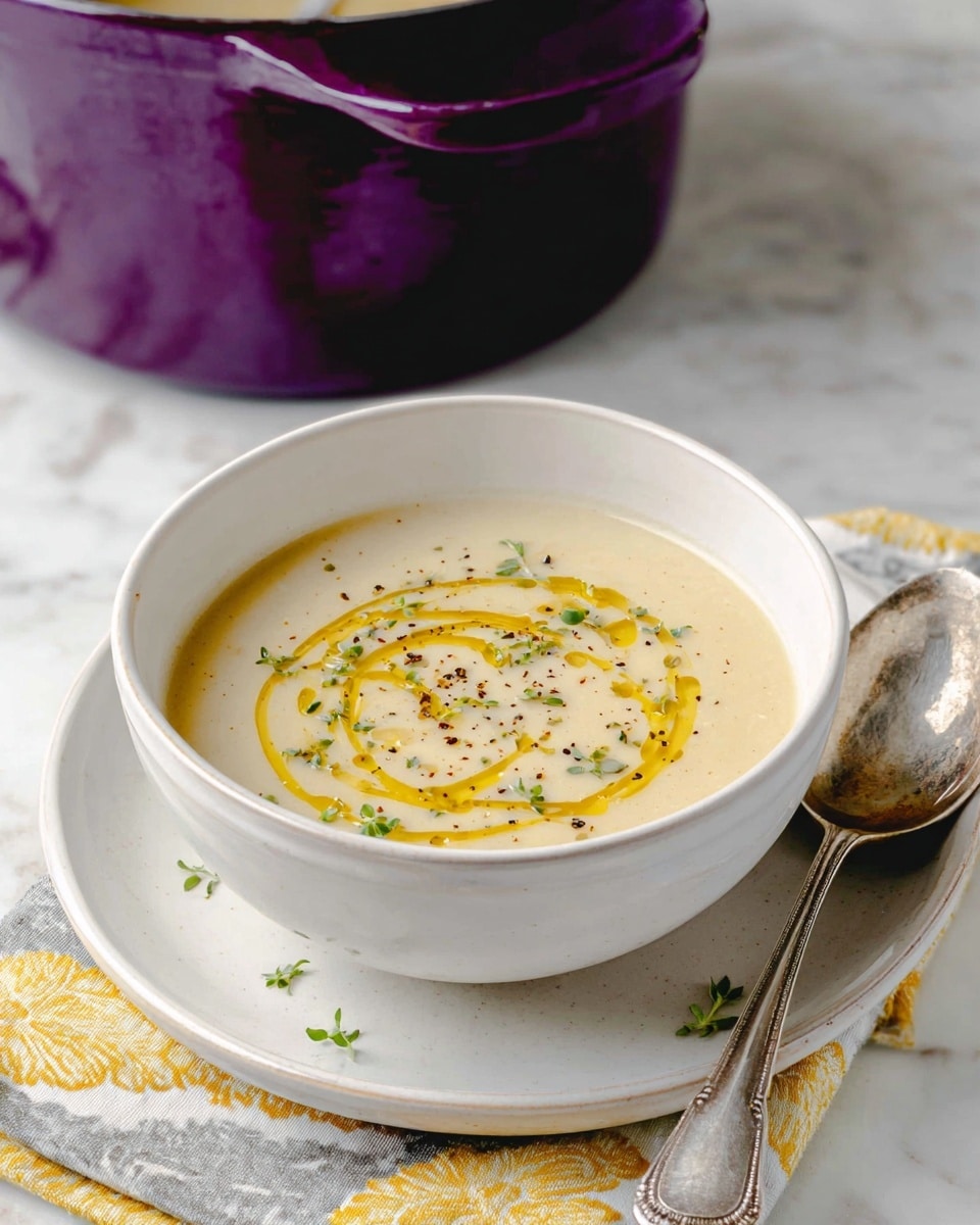 A white bowl holds a creamy, light beige soup with a smooth texture, topped with a spiral drizzle of golden olive oil and sprinkled with small green herb leaves and black pepper flakes. The bowl sits on a white plate with a folded patterned napkin in soft yellow and gray tones beneath a vintage silver spoon. In the background, a shiny purple pot is partially visible, all placed on a white marbled surface. photo taken with an iphone --ar 4:5 --v 7