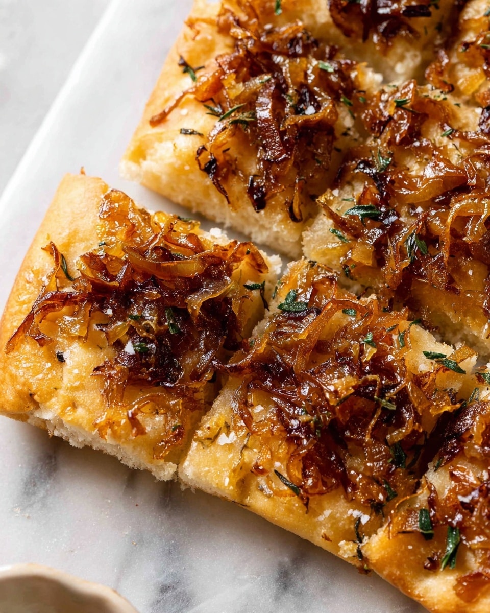 A close-up image shows a flat bread topped with a golden-brown crust that looks soft and fluffy. The top layer has browned caramelized onions scattered generously, adding rich amber and dark brown patches, mixed with small green herb leaves. The bread is lightly scored into square sections with soft edges and sprinkled with coarse salt. The dish rests on a white marbled surface with a little bit of the white bowl visible on the left side. photo taken with an iphone --ar 4:5 --v 7