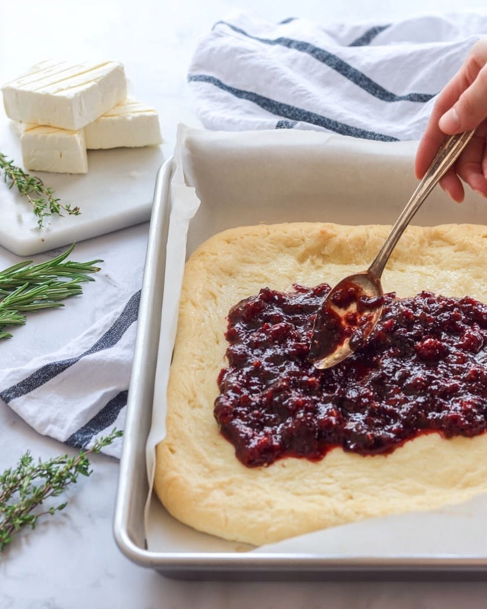 A white baking tray lined with parchment paper holds a golden brown dough sheet spread evenly inside. On the top left corner of the dough, a woman’s hand uses a spoon to spread thick, dark red jam with visible fruit pieces, creating a rich textured layer over the smooth dough. To the left of the tray, there is a white marbled surface with two blocks of soft white cheese placed on it, alongside some green rosemary sprigs, adding a fresh touch to the scene. The background includes a soft white cloth with dark blue stripes. Photo taken with an iphone --ar 4:5 --v 7