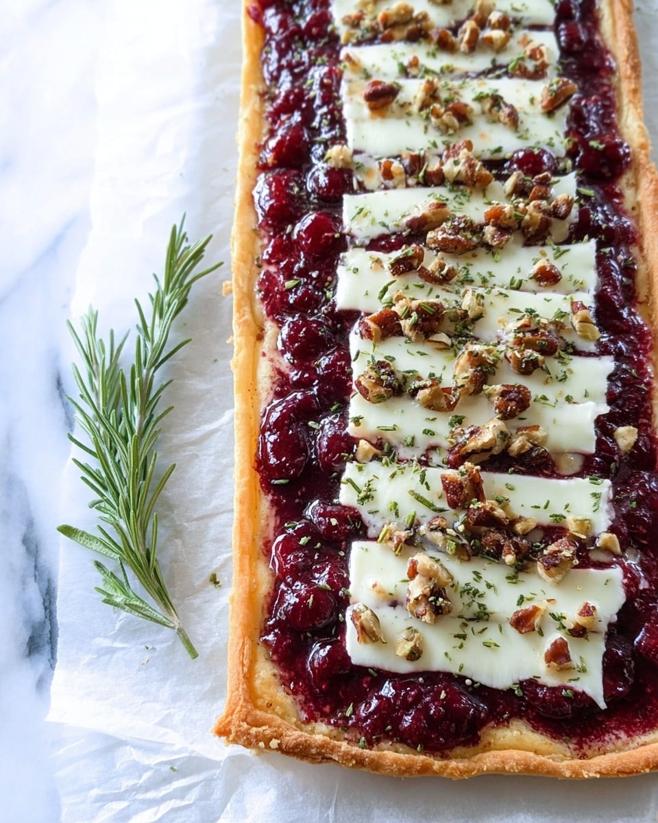 A white flatbread cut into long rectangular slices sits on white parchment paper over a wooden board with rounded edges. Each slice has three clear layers: the bottom thin layer is light golden flatbread with a slightly puffed edge, the middle layer is a bright red jam spread evenly, and the top layer consists of melted white cheese slices and scattered small pieces of brown nuts. The surface is a white marbled texture with a blurred white cloth with dark stripes in the background. Photo taken with an iphone --ar 4:5 --v 7