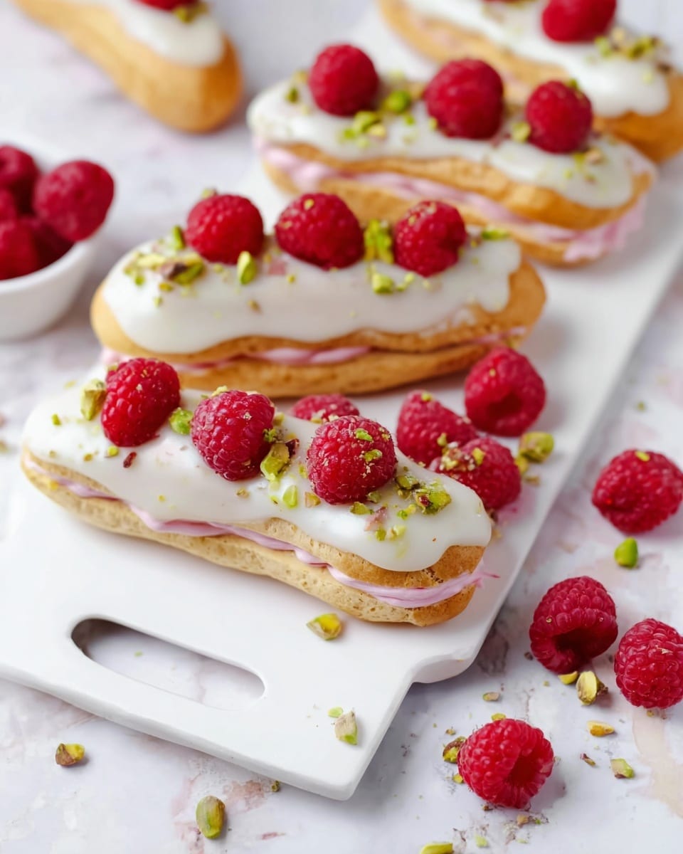 The image shows eight light golden éclairs on a white serving board with a handle, placed on a white marbled textured surface. Each éclair is topped with a thick white icing layer that glistens slightly, and decorated with green chopped pistachios and fresh halved or whole red raspberries. Some of the éclairs show a pale pink filling visible through a crack or seam at the side. Around the board, fresh raspberries and scattered chopped pistachios add extra color. On the left side of the frame, there is a silver sifter with white powdered sugar resting on a white cloth. Photo taken with an iphone --ar 4:5 --v 7