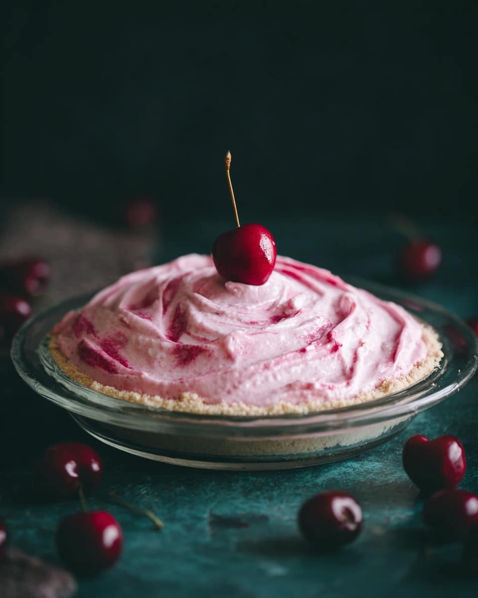 The image shows a pie with two visible layers: a light beige crust at the bottom with a fine, textured edge, and a thick, swirled pink cream layer on top that looks soft and smooth with some darker pink streaks. The pie sits on a clear glass dish placed on a dark green surface with scattered cherries around. A single shiny red cherry with a stem is placed right in the center on top of the pink cream. The background is dark, which makes the pie stand out clearly. photo taken with an iphone --ar 4:5 --v 7