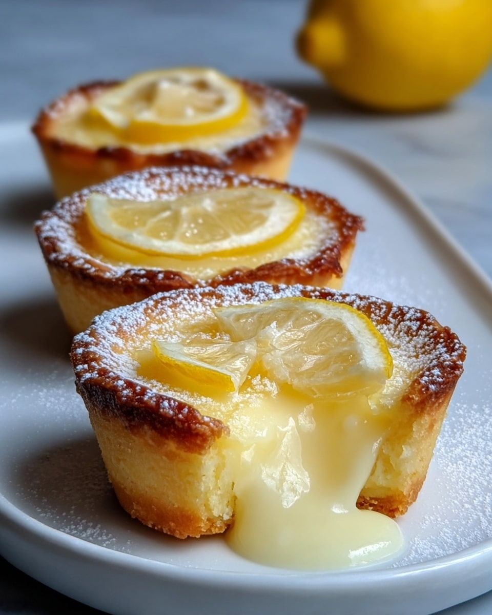 The image shows four small lemon tarts arranged in a diagonal line on a white plate with a white marbled surface. Each tart has a golden-brown crust with a slightly crispy texture, filled with a smooth, creamy lemon filling that is pale yellow in color. A thin slice of lemon is placed on top of each tart, adding a fresh, translucent yellow layer. The closest tart has a bite taken out, revealing the soft, flowing lemon filling spilling onto the plate. There is a light dusting of powdered sugar scattered over the tarts. In the background, a whole lemon is blurred, enhancing the fresh citrus theme. The photo taken with an iphone --ar 4:5 --v 7