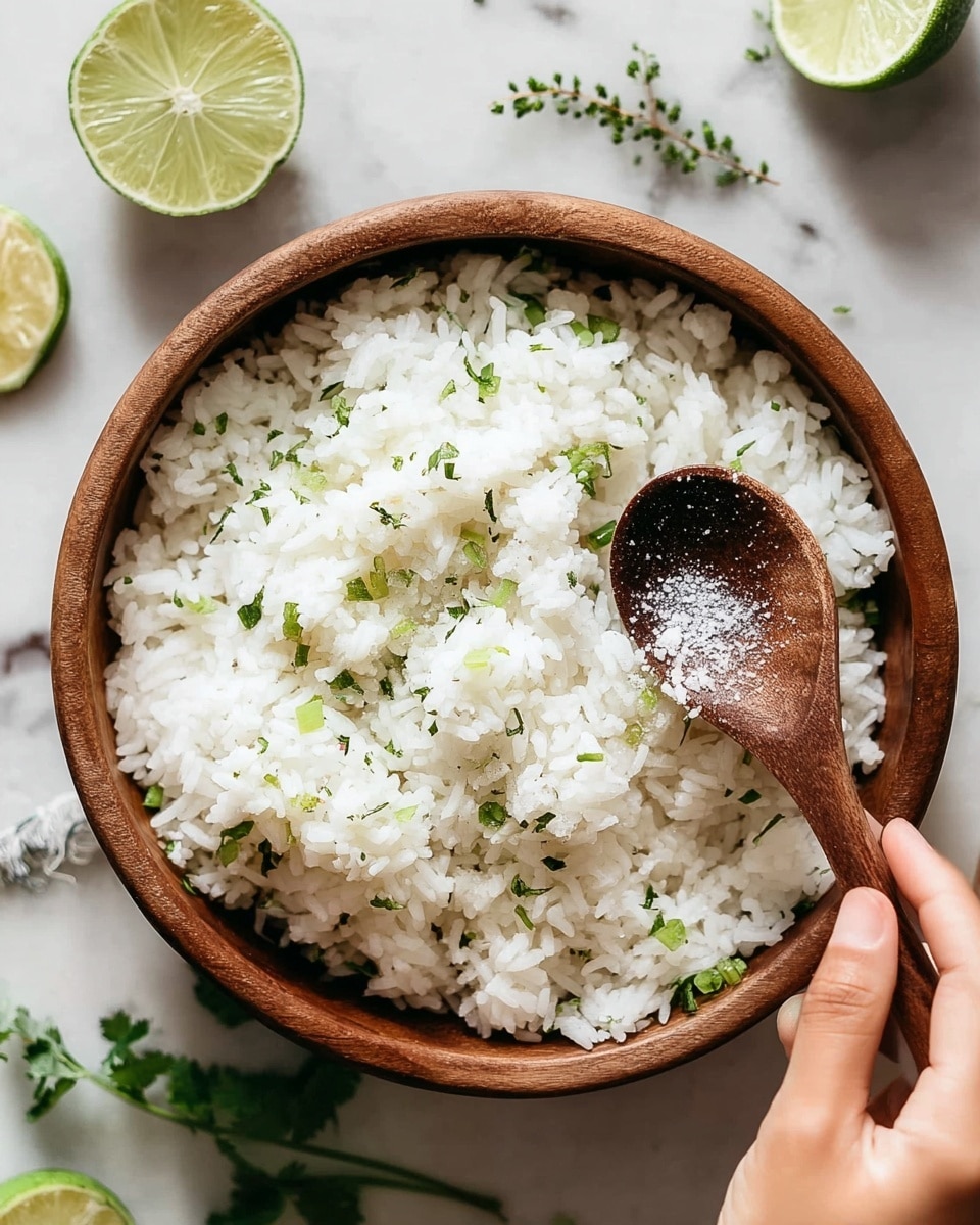 A close-up of a round brown bowl filled with white rice mixed with small pieces of chopped green herbs. On top of the rice is a wooden spoon with some salt on it, being held by a woman's hand on the right side of the image. Surrounding the bowl on a white marbled surface are lime wedges and small green herb sprigs, adding a fresh, bright touch to the scene. Photo taken with an iphone --ar 4:5 --v 7