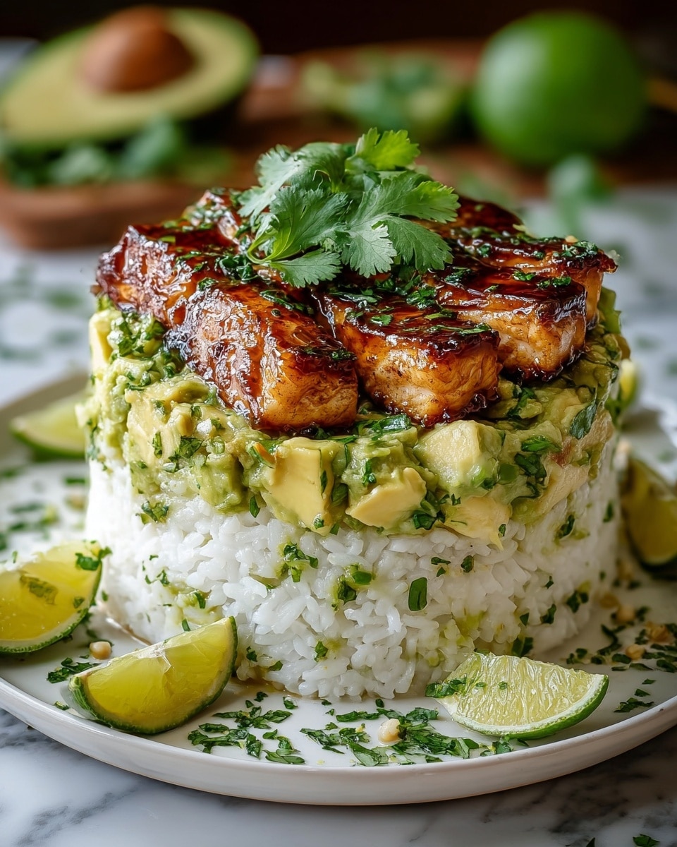 The image shows a layered dish with three main layers on a white plate set on a white marbled surface. The bottom layer is sticky white rice shaped into a neat round mound with small green herb pieces sprinkled on and around it. The middle layer is made of chopped avocado mixed with green herbs, giving a fresh, chunky texture and a pale green color. The top layer has slices of grilled fish with a shiny brown glaze, slightly charred and juicy, placed neatly on top of the avocado layer. The dish is garnished with fresh green cilantro leaves on top and lime wedges surrounding the plate, adding bright green and yellow accents. Photo taken with an iphone --ar 4:5 --v 7