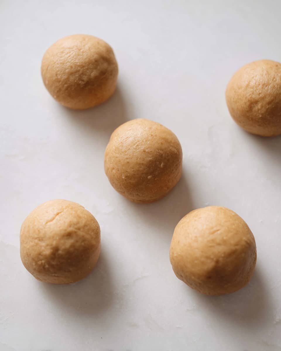 The image shows five round dough balls arranged separately on a flat white marbled surface. Each dough ball is smooth with a light tan color and has a soft texture with gentle wrinkles on the surface. The balls are placed with some space between them, and the lighting highlights their slightly matte finish. The scene is simple with no additional layers or items, focusing closely on the dough balls themselves photo taken with an iphone --ar 4:5 --v 7