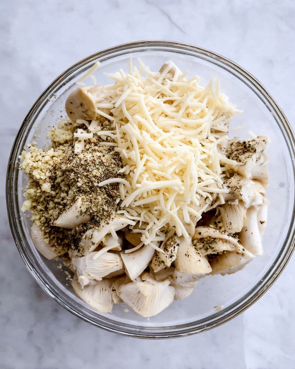 A clear glass bowl filled with three main layers is set on a white marbled surface. The bottom layer consists of roughly chopped white oyster mushrooms with a few specks of seasoning visible on their smooth surfaces. In the middle layer, there are small piles of beige minced garlic and ground black pepper sprinkled evenly over the mushrooms. The top layer is a thin spread of white shredded mozzarella cheese, lightly covering some parts of the mushrooms and garlic. Photo taken with an iphone --ar 4:5 --v 7