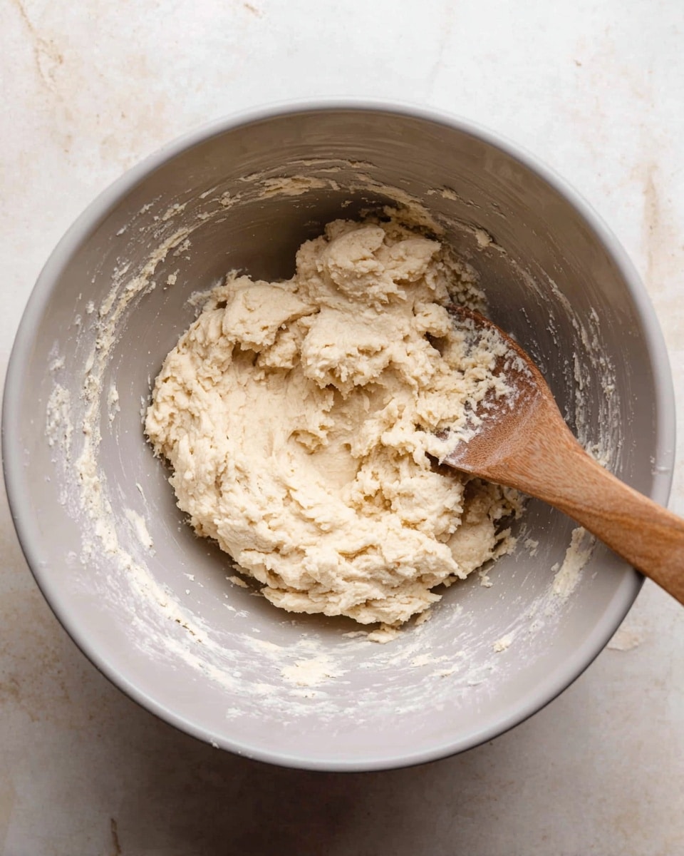 A top view of a light grey mixing bowl sitting on a white marbled surface, filled with soft, thick mixture dough that is pale beige in color with a slightly rough texture, with a wooden spoon resting on the right side of the bowl, partially covered with the dough, showing creamy bits stuck to it photo taken with an iphone --ar 4:5 --v 7
