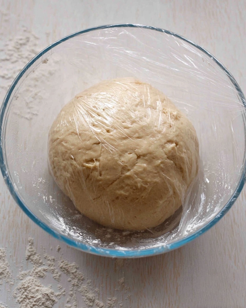 A round ball of light beige dough with small cracks is wrapped in clear plastic wrap inside a large clear glass bowl. The bowl sits on a white marbled surface, and some flour is scattered inside the bowl around the dough. The dough looks smooth but slightly textured, and the plastic wrap clings tightly to it. Photo taken with an iphone --ar 4:5 --v 7