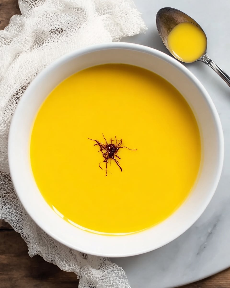 A white bowl filled with a smooth, bright yellow soup, with a small cluster of thin dark red threads placed gently in the center. The bowl is set on a white marbled surface with a metallic spoon containing a little bit of the yellow soup beside it on the right. On the left, there is a piece of white cheesecloth loosely placed on the surface. The photo is taken from above, showing the round shape of the bowl clearly. photo taken with an iphone --ar 4:5 --v 7